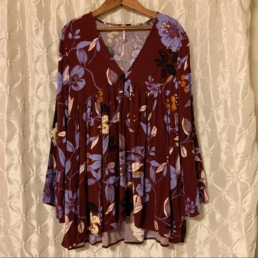 Free People Bella Floral-Print Tunic Mini Dress Purple Bell Sleeve V Neck